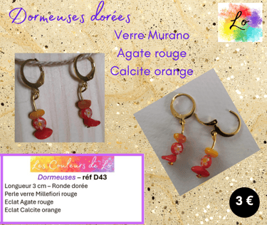 Boucles dormeuses dorées verre Murano Millefiori Agate rouge Calcite orange Les Couleurs de Lo