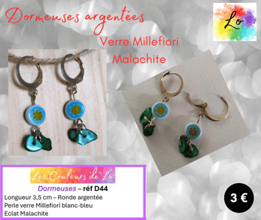 Boucles dormeuses argentées Murano Millefiori Malachite Les Couleurs de Lo