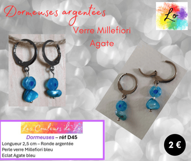 Boucles dormeuses argentées verre Murano Millefiori Agate bleue Les Couleurs de Lo