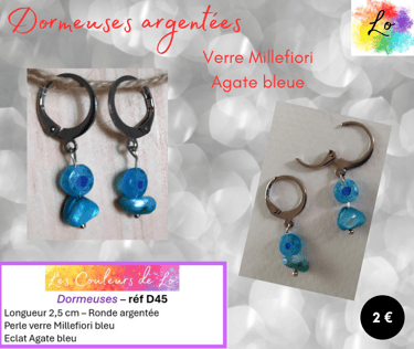 Dormeuses argentées verre Murano Millefiori Agate bleue Les Couleurs de Lo
