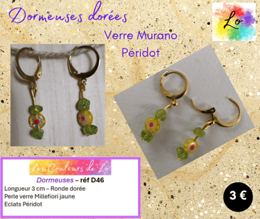 Boucles dormeuses dorées verre Murano Millefiori Péridot Les Couleurs de Lo