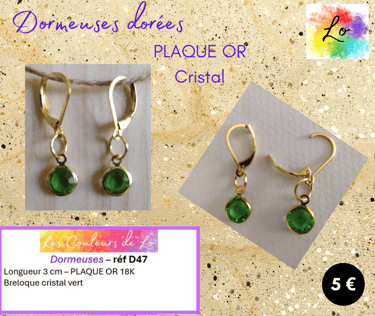 Boucles dormeuses Plaqué or breloque cristal vert Les Couleurs de Lo