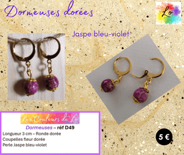 Boucles dormeuses dorées Jaspe bleu-violet Les Couleurs de Lo