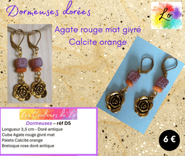 Boucles dormeuses dorées Agate rouge Calcite orange fleur métal Les Couleurs de Lo