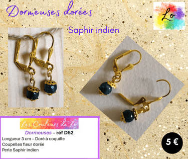 Boucles dormeuses dorées Saphir indien Les Couleurs de Lo