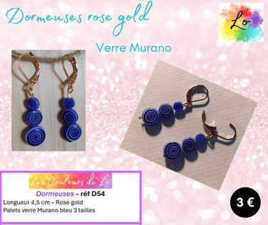Boucles dormeuses rose gold verre Murano bleu Les Couleurs de Lo
