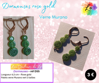 Boucles dormeuses rose gold verre Murano vert Les Couleurs de Lo