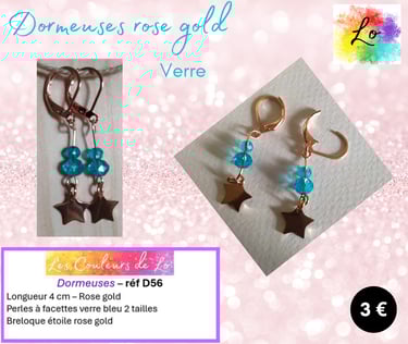 Boucles dormeuses rose gold verre bleu étoile acier Les Couleurs de Lo