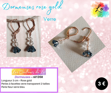 Boucles dormeuses rose gold fleur verre bleu verre transparent  Les Couleurs de Lo