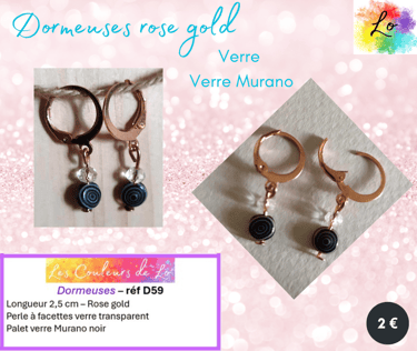 Boucles dormeuses rose gold verre Murano noir verre transparent Les Couleurs de Lo