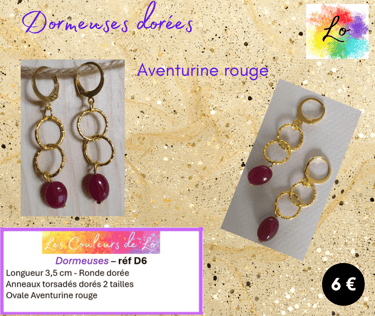 Boucles dormeuses dorées anneaux métal martelé Aventurine rouge Les Couleurs de Lo