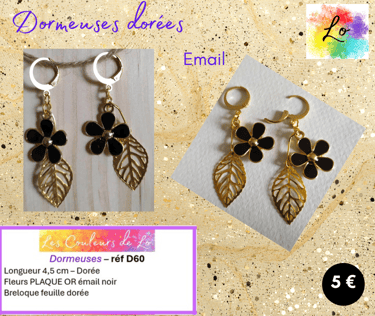 Boucles dormeuses dorées fleur émail noir feuille métal Les Couleurs de Lo