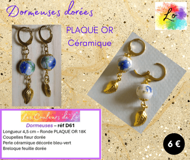 Boucles dormeuses Plaqué or céramique décorée Les Couleurs de Lo