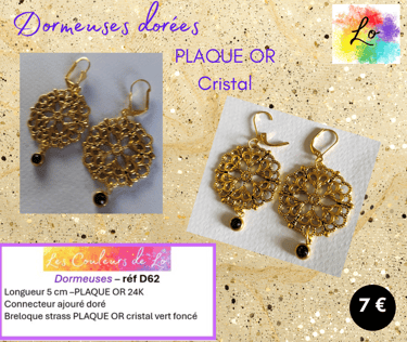 Boucles dormeuses Plaqué or rosace métal ajouré strass cristal vert foncé Les Couleurs de Lo