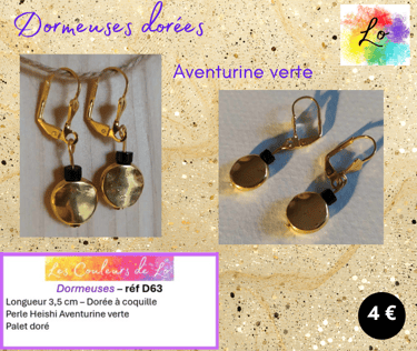 Boucles dormeuses dorées Aventurine verte palet métal Les Couleurs de Lo
