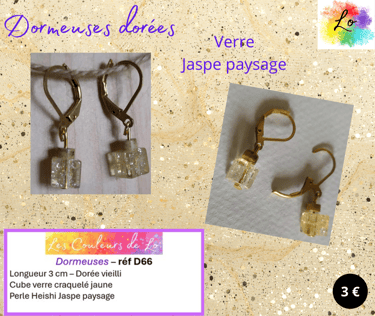 Dormeuses dorées Jaspe paysage cube verre craquelé jaune Les Couleurs de Lo