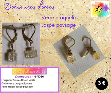 Boucles dormeuses dorées verre craquelé jaune Jaspe paysage Les Couleurs de Lo