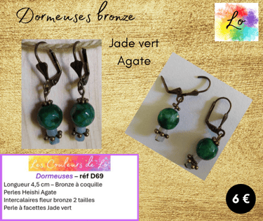 Boucles dormeuses bronze Jade vert Agate Les Couleurs de Lo