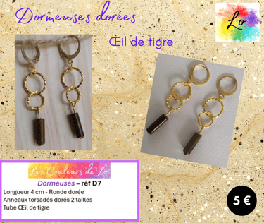 Boucles dormeuses dorées anneaux métal martelé Œil de tigre Les Couleurs de Lo