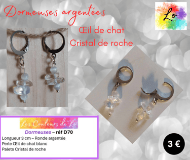 Boucles dormeuses argentées Cristal de roche Œil de chat Les Couleurs de Lo