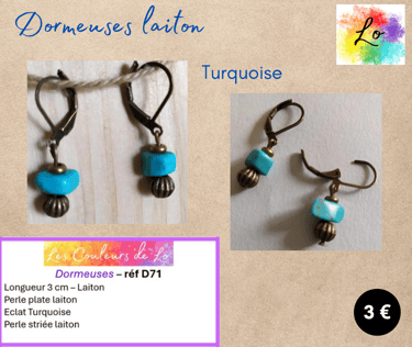 Boucles dormeuses laiton Turquoise perle métal strié Les Couleurs de Lo