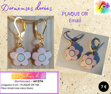 Boucles dormeuses Plaqué or fleur émail rose Les Couleurs de Lo