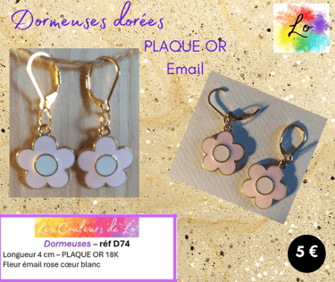 Boucles dormeuses Plaqué or fleur émail rose Les Couleurs de Lo