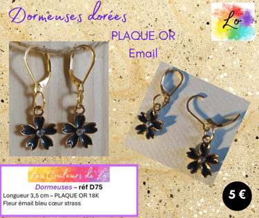 Boucles dormeuses Plaqué or fleur émail bleu Les Couleurs de Lo