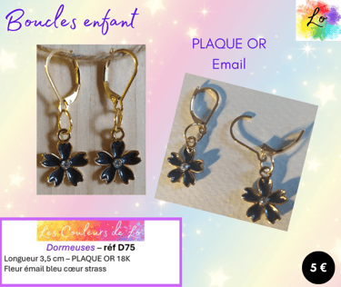 Boucles dormeuses Plaqué or fleur émail bleu marine Les Couleurs de Lo
