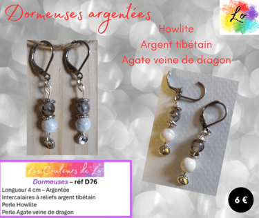 Boucles dormeuses argentées Howlite Agate veine de dragon Les Couleurs de Lo