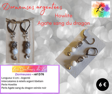Boucles dormeuses argentées  Howlite Agate sang du dragon Les Couleurs de Lo