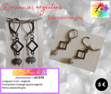 Boucles dormeuses argentées losange métal Labadorite gris Les Couleurs de Lo
