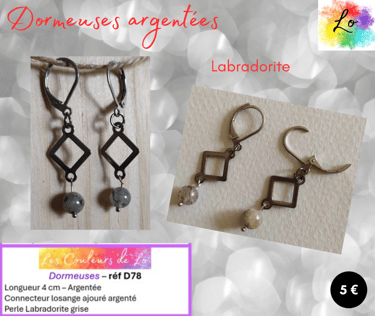 Boucles dormeuses argentées losange métal Labradorite grise Les Couleurs de Lo