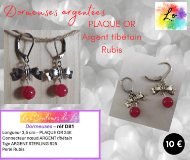 Boucles dormeuses Plaqué or nœud Argent tibétain Rubis Les Couleurs de Lo