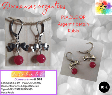 Boucles dormeuses Plaqué or nœud Argent tibétain Rubis Les Couleurs de Lo