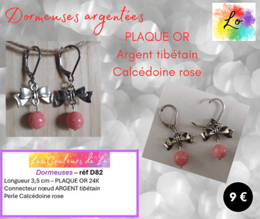 Boucles dormeuses Plaqué or nœud Argent tibétain Calcédoine rose Les Couleurs de Lo