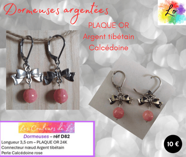 Boucles dormeuses Plaqué or nœud Argent tibétain Calcédoine rose Les Couleurs de Lo