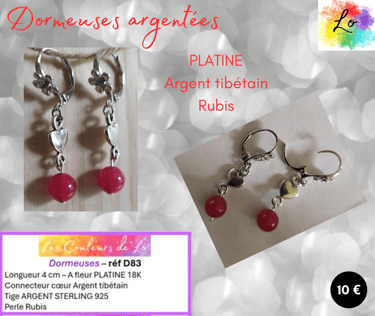 Boucles dormeuses Platine cœur Argent tibétain Rubis Les Couleurs de Lo