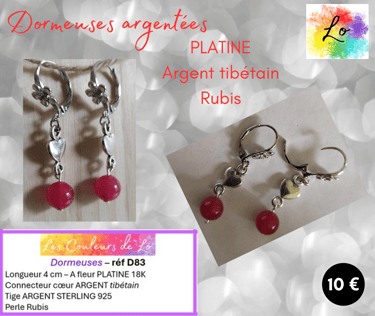 Boucles dormeuses Platine cœur Argent tibétain Rubis Les Couleurs de Lo