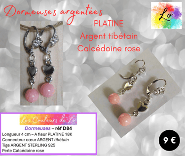 Boucles dormeuses cœur Argent tibétain Calcédoine rose Les Couleurs de Lo