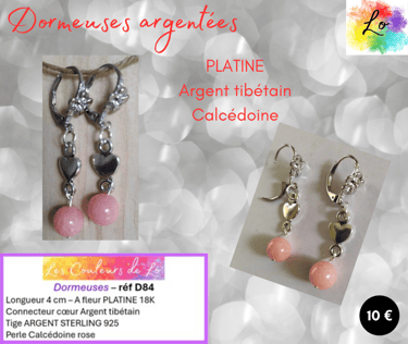 Boucles dormeuses cœur Argent tibétain Calcédoine rose Les Couleurs de Lo