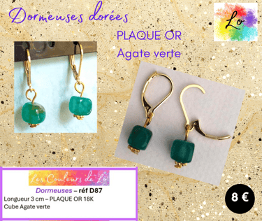 Boucles dormeuses Plaque or Agate verte Les Couleurs de Lo