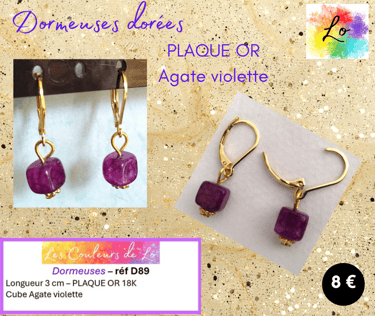 Boucles dormeuses Plaqué or Agate violette Les Couleurs de Lo