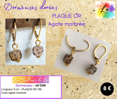 Boucles dormeuses Plaque or Agate marbrée Les Couleurs de Lo