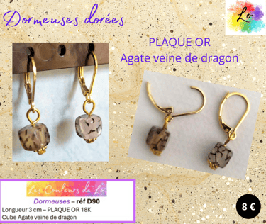 Boucles dormeuses Plaqué or Agate veine de dragon Les Couleurs de Lo