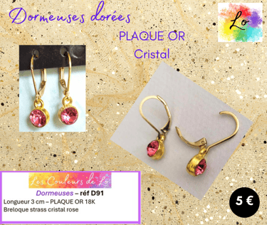 Boucles dormeuses Plaqué or breloque cristal rose Les Couleurs de Lo