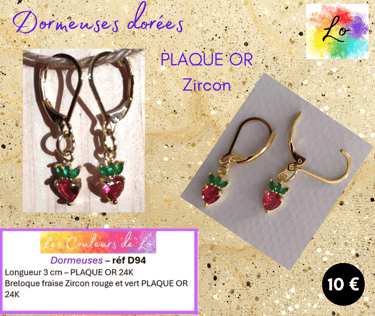 Boucles dormeuses Plaqué or breloque fraise Zircon vert et rouge Les Couleurs de Lo