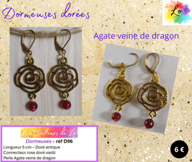 Boucles dormeuses dorées fleur métal Agate veine de dragon Les Couleurs de Lo