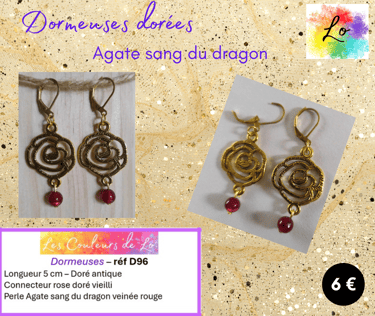 Boucles dormeuses dorées fleur métal Agate sang du dragon Les Couleurs de Lo