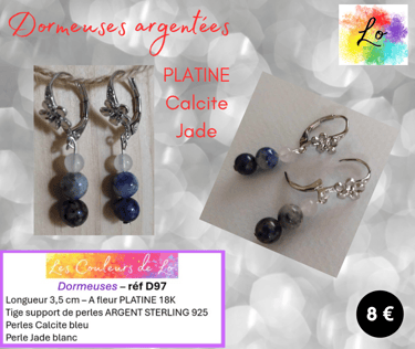 Boucles dormeuses Platine Calcite Jade blanc Les Couleurs de Lo